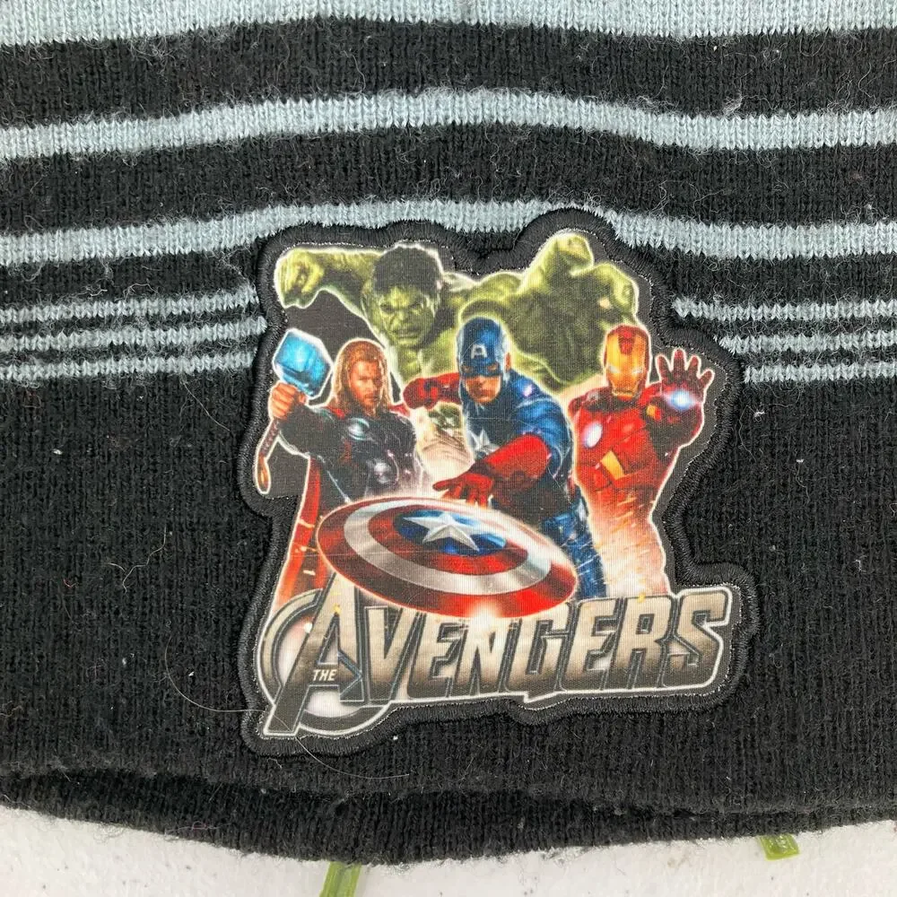 Marvel Avengers Black Gray Red Stripe Patch Comic Hero Knit Beanie Winter Hat